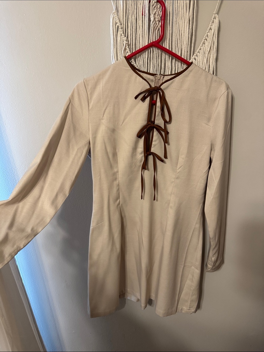 SHEIN Cream Long Sleeve Dress with Brown Tie Accents